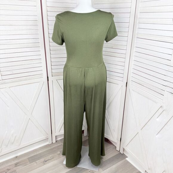 Cider Jumpsuit Square Scoop Neck Wide Leg Short Sleeve Olive Green 0XL 12 14 - Picture 6 of 15